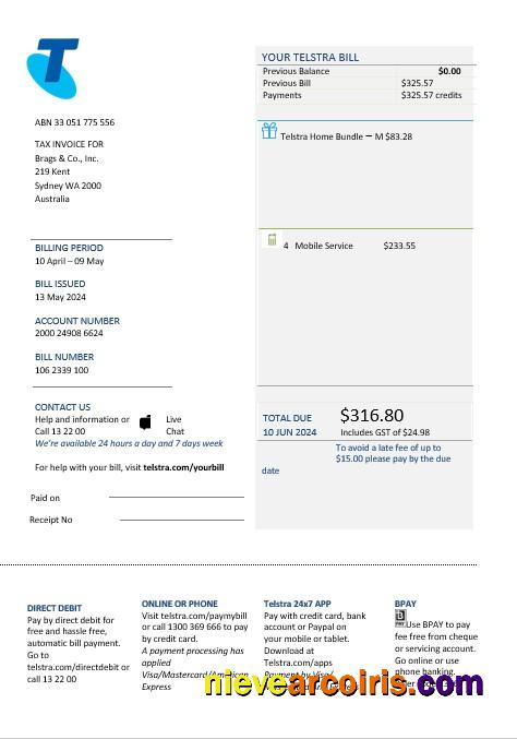 Australia Telstra telecommunications business utility bill